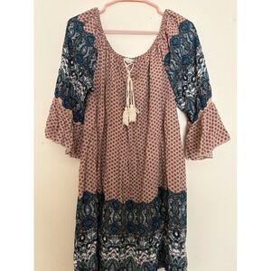 Umgee Boho Mixed Paisley Print Bell Sleeve Tassel Mini Dress Mauve Teal 1XL